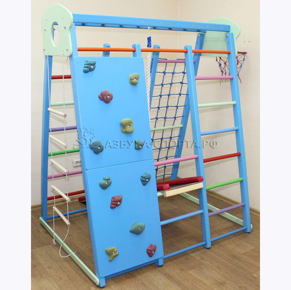 Детский спортивный комплекс «ТЕРЕМОК БАСКЕТ-8 + СКАЛОДРОМ» в синем цвете